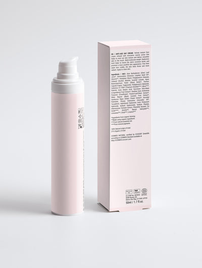 Anti-Age Day Cream in a sleek pink package showcasing its innovative formula and benefits for youthful skin.