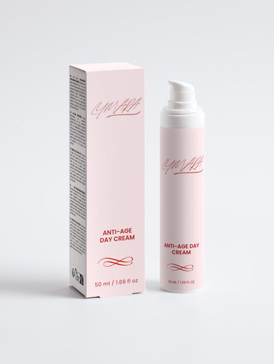 Anti-Age Day Cream bottle and box packaging on a white background, highlighting its skincare benefits.